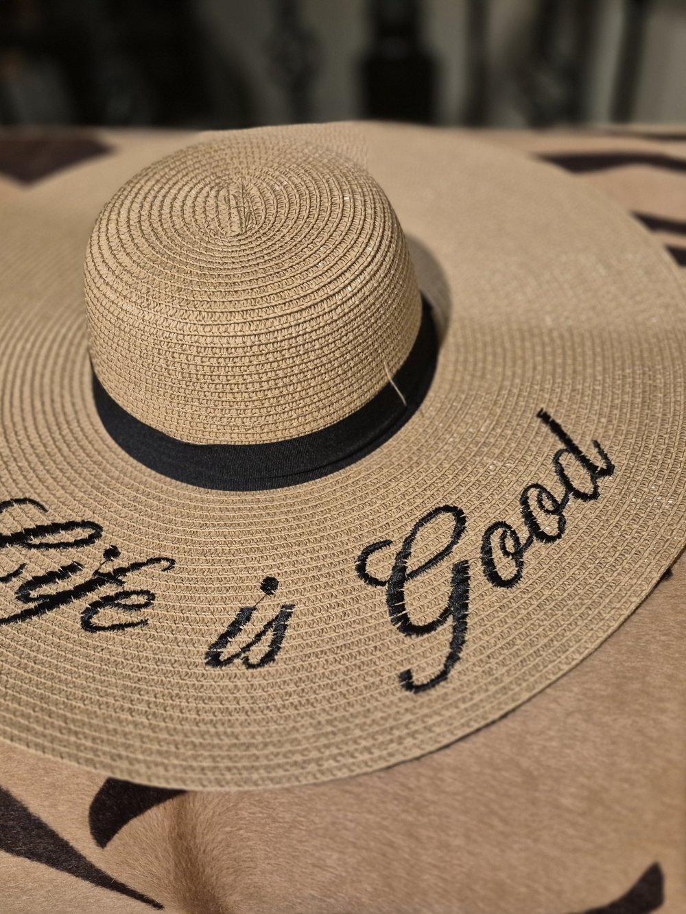 Diva Wide Brim Straw Sun Hat with Black Embroidery and Trim